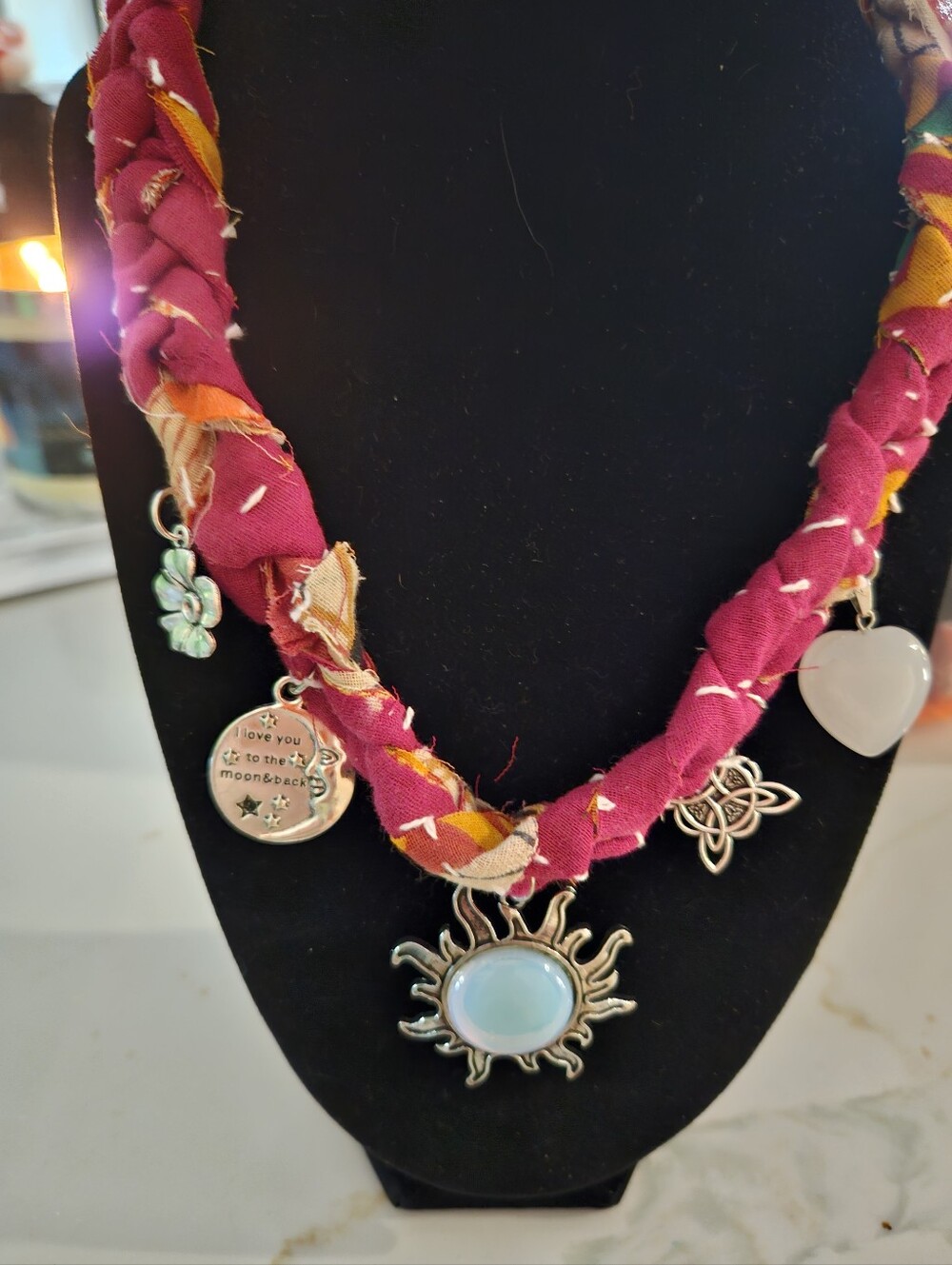 Pink Braided Kantha Fabric Charm Necklace